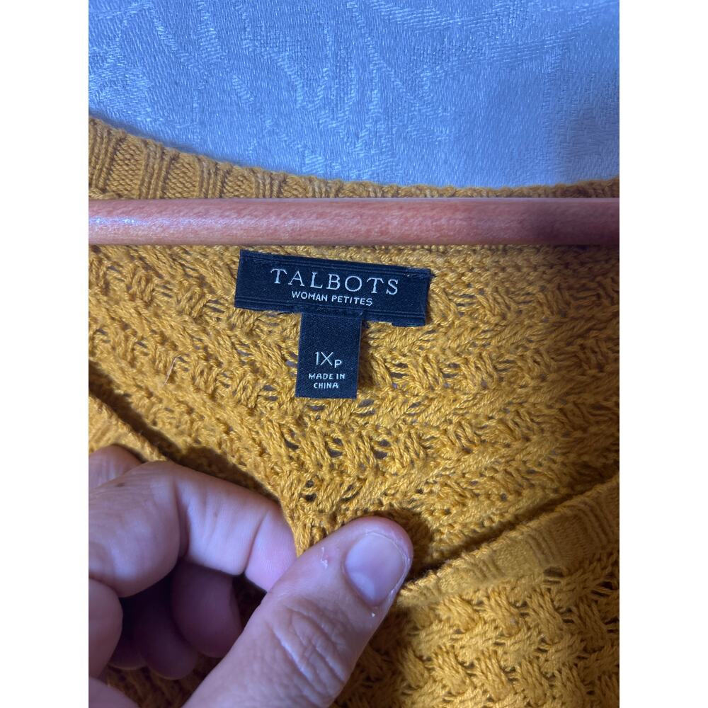 Talbots Sweater 1X PETITE Mustard Yellow Textured Knit Cotton Cashmere Blend - Picture 5 of 8